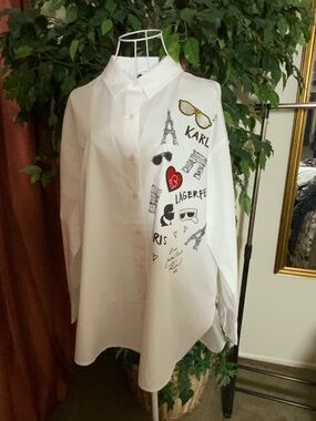 Karl Lagerfeld White Button-Up Shirt with Black Logo Tag